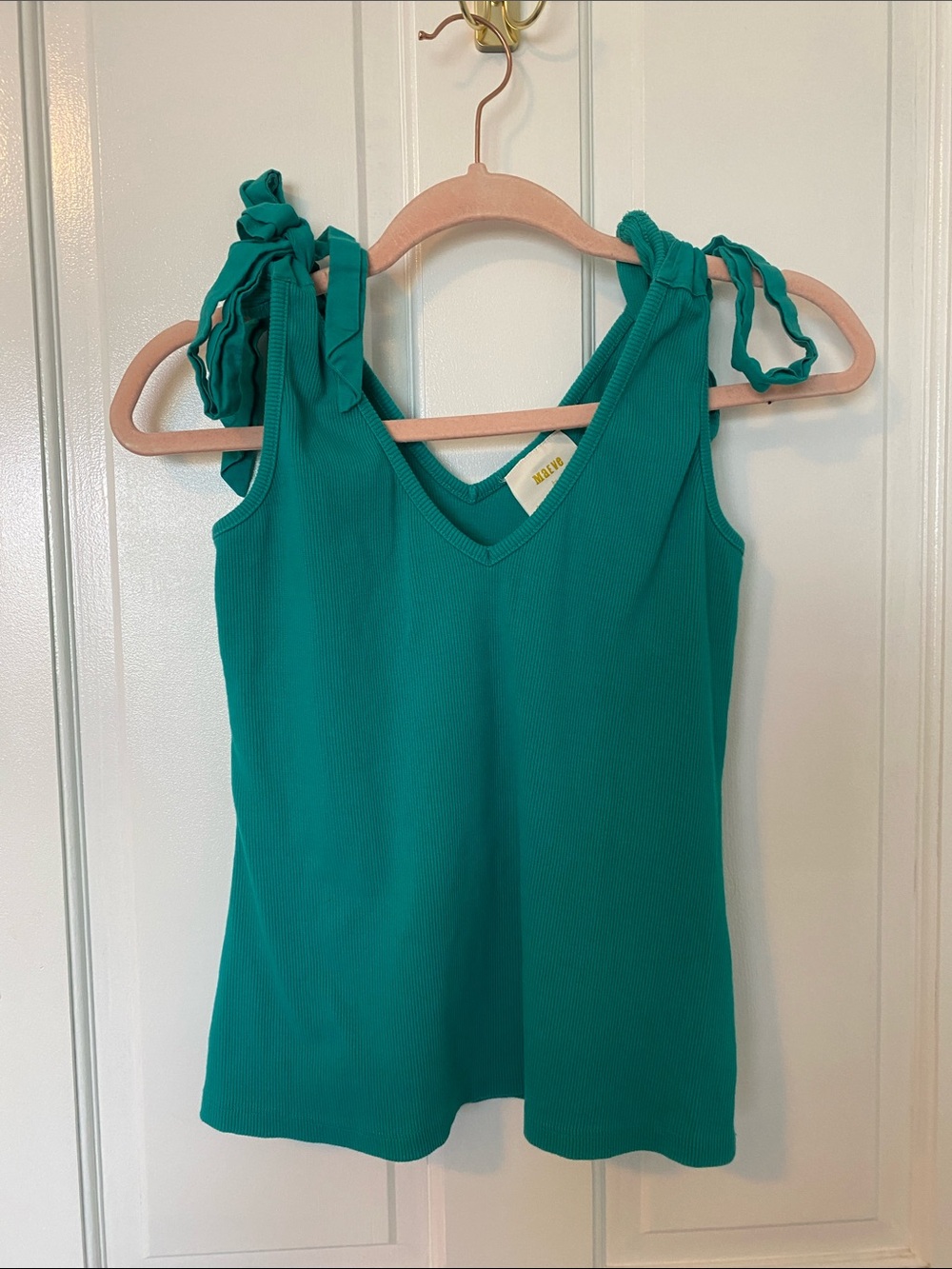 Anthropologie Teal Ribbed V-Neck Tie-Shoulder Tank